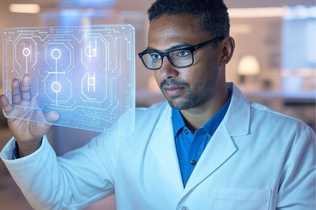Scientist interacting with quantum AI holographic interface