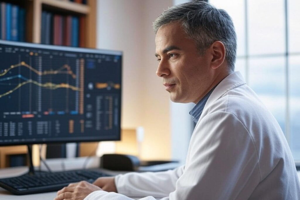 Professional analyzing quantum trading charts and data on a computer screen in an office setting.